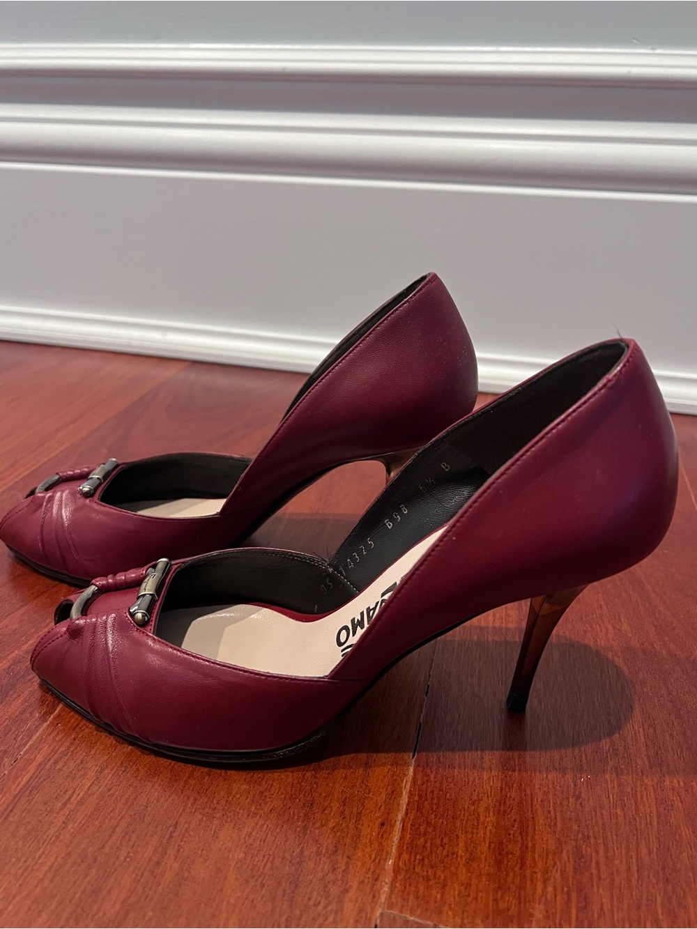 Salvatore Ferragamo Burgundy Leather Peep-Toe Heels with Metal Accent 6.5B